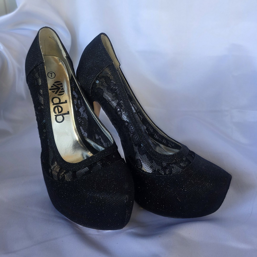 deb Black Floral Lace Sequin Round Toe Slip-On Stiletto Pumps Women 7